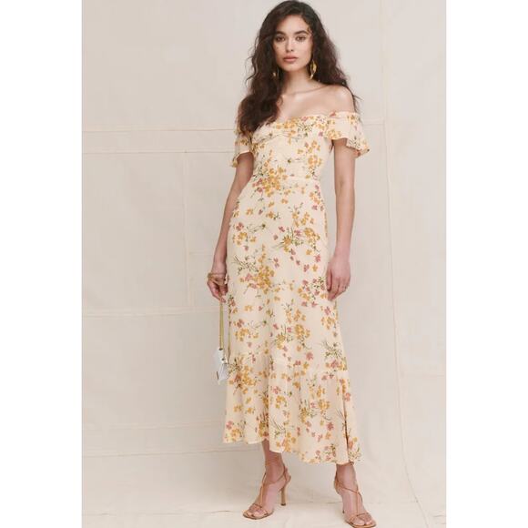 Reformation Butterfly Dress Cream Floral Off Shoulder Flutter Sleeve Maxi NWT 4 - Picture 1 of 11